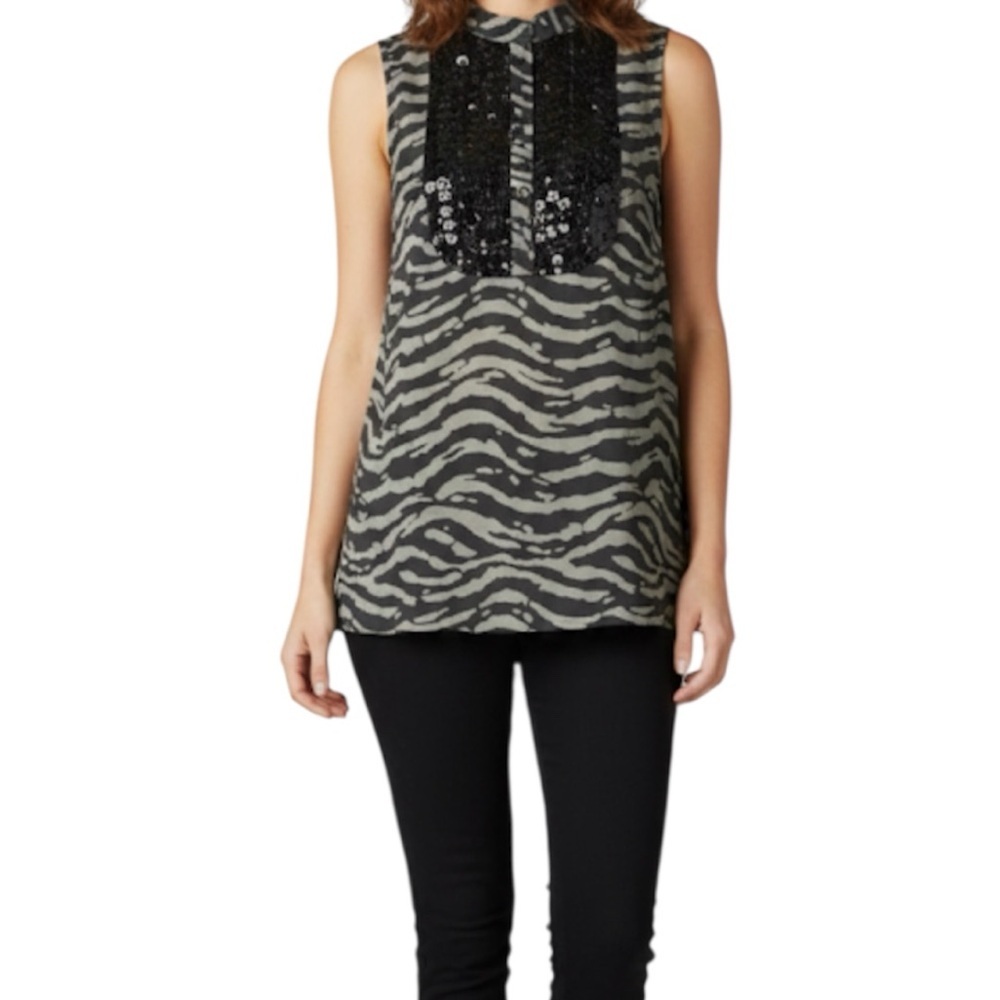 Michael Kors V-Neck Zebra Animal Print Sequence Sleeveless Blouse size XS